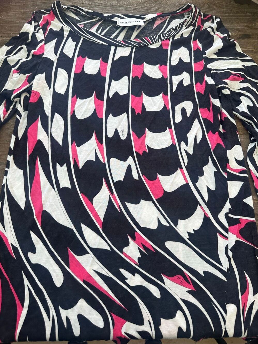 Emilio Pucci Made Italy Pink Black White Abstract Print Long Sleeve Top IT 42